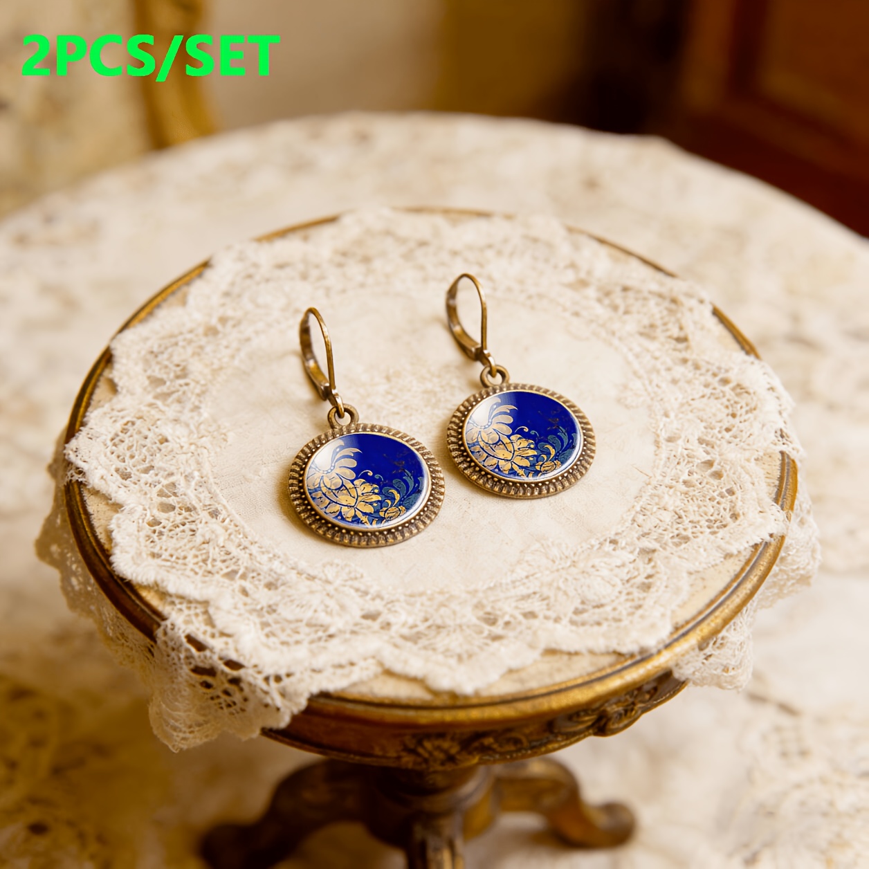 2pc Blue Floral Pattern Pendant Earrings Set with Ear Hooks